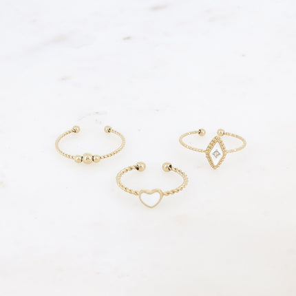 Set de 3 bagues Manguy - 3 boules, coeur émaillé et losange émaillé serti d'un oxyde de zirconium