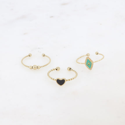 Set de 3 bagues Manguy - 3 boules, coeur émaillé et losange émaillé serti d'un oxyde de zirconium