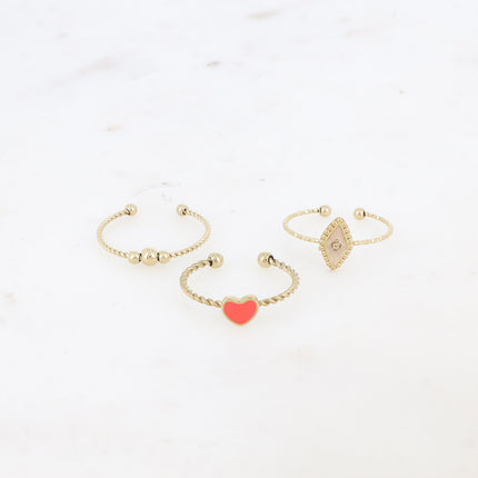 Set de 3 bagues Manguy - 3 boules, coeur émaillé et losange émaillé serti d'un oxyde de zirconium