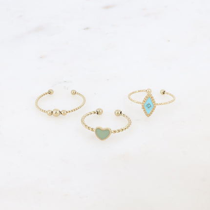 Set de 3 bagues Manguy - 3 boules, coeur émaillé et losange émaillé serti d'un oxyde de zirconium