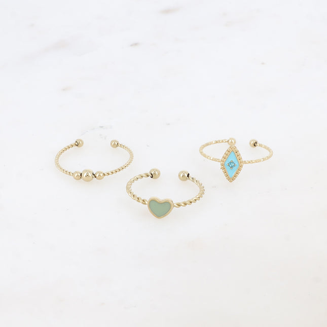 Set of 3 Manguy rings - 3 balls, enameled heart and enameled lozenge set with a cubic zirconia