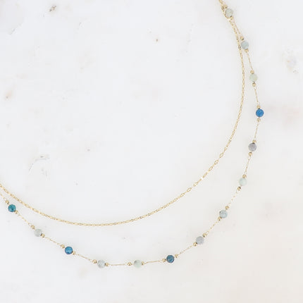 Collier Moira - 2 rangs, maille café écrasée, pierres naturelles rondes