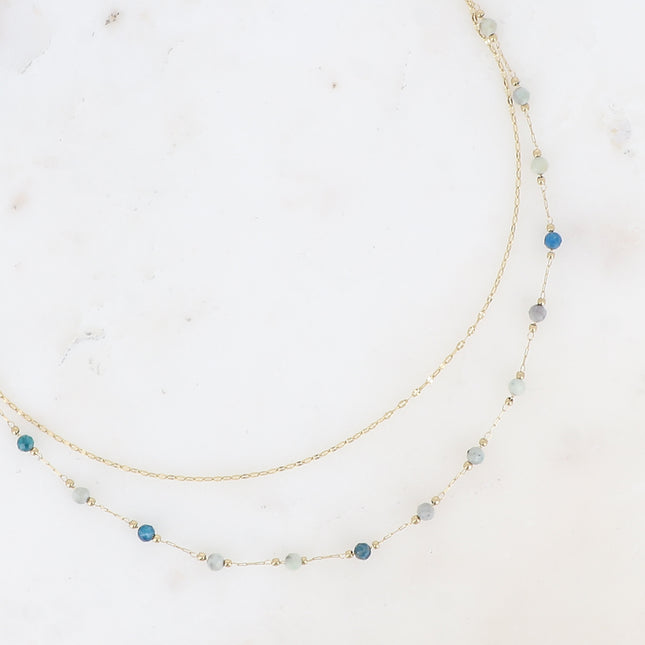Moira Necklace - 2 strands, crushed coffee-colored chain, round natural stones
