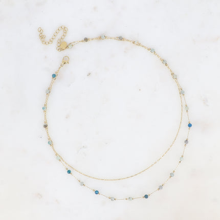 Collier Moira - 2 rangs, maille café écrasée, pierres naturelles rondes