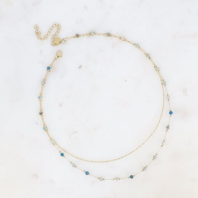 Moira Necklace - 2 strands, crushed coffee-colored chain, round natural stones