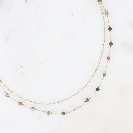 Collier Moira - 2 rangs, maille café écrasée, pierres naturelles rondes
