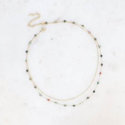 Collier Moira - 2 rangs, maille café écrasée, pierres naturelles rondes
