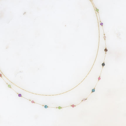 Collier Moira - 2 rangs, maille café écrasée, pierres naturelles rondes