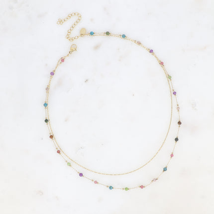 Collier Moira - 2 rangs, maille café écrasée, pierres naturelles rondes