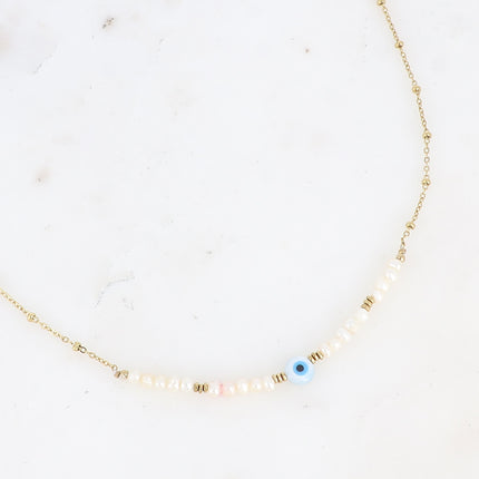 Collier Flavia - ras de cou, perles d'eau douce, pendentif oeil