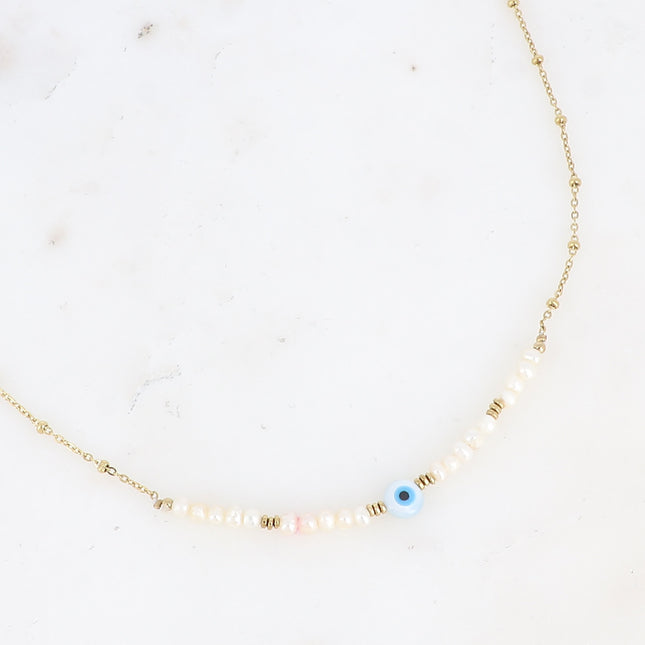 Collier Flavia - ras de cou, perles d'eau douce, pendentif oeil