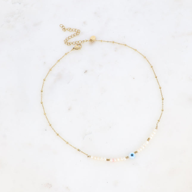 Collier Flavia - ras de cou, perles d'eau douce, pendentif oeil