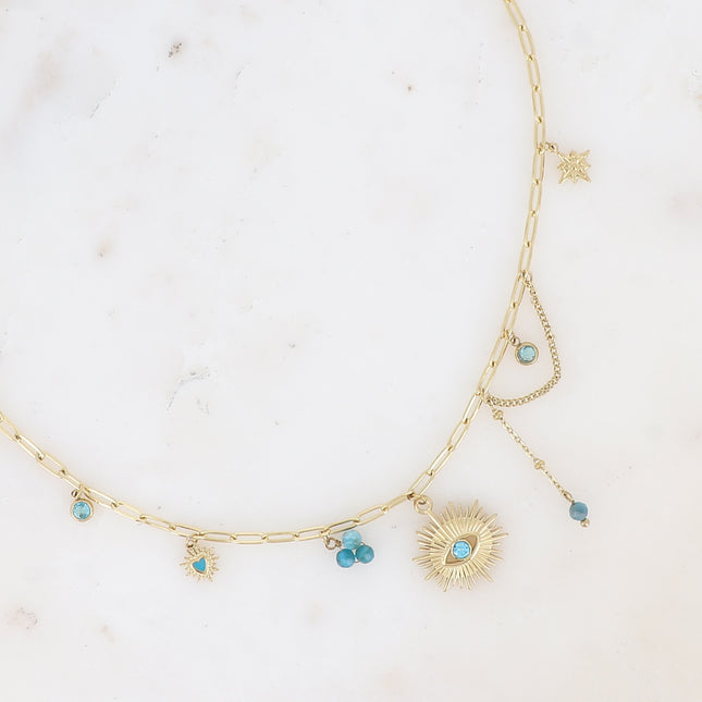 Collier Aïcha - perles de résine/pierres naturelles, coeur émaillé, cristaux et pendentif oeil