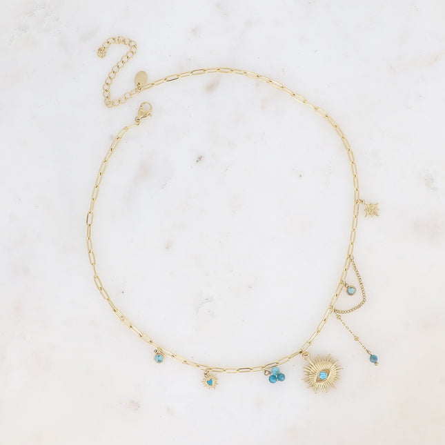 Collier Aïcha - perles de résine/pierres naturelles, coeur émaillé, cristaux et pendentif oeil