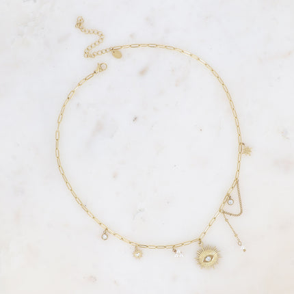 Collier Aïcha - perles de résine/pierres naturelles, coeur émaillé, cristaux et pendentif oeil