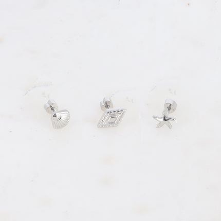 Set de 3 piercings - coquillage, losange texturé et étoile de mer