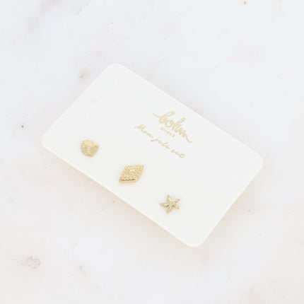 Set de 3 piercings - coquillage, losange texturé et étoile de mer