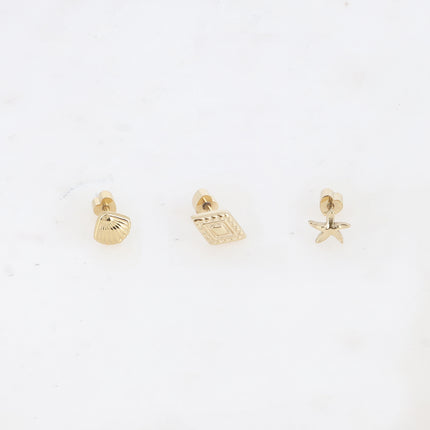 Set de 3 piercings - coquillage, losange texturé et étoile de mer