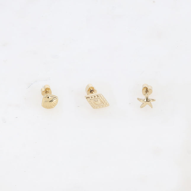 Set of 3 piercings - seashell, textured diamond and starfish