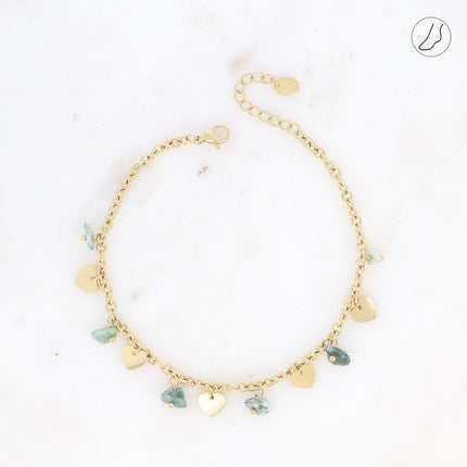 Bracelet de cheville - pampilles coeurs lisses et pierres naturelles