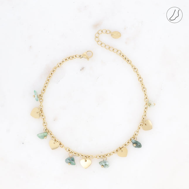 Bracelet de cheville - pampilles coeurs lisses et pierres naturelles