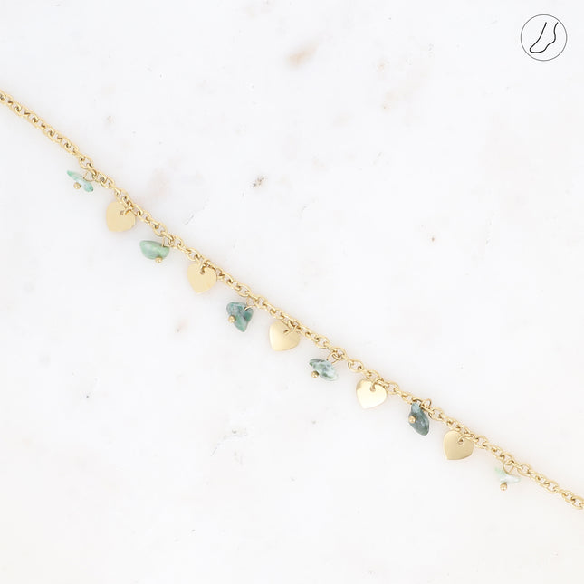 Bracelet de cheville - pampilles coeurs lisses et pierres naturelles