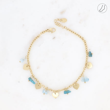 Bracelet de cheville - pampilles coeurs lisses et pierres naturelles