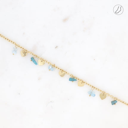 Bracelet de cheville - pampilles coeurs lisses et pierres naturelles