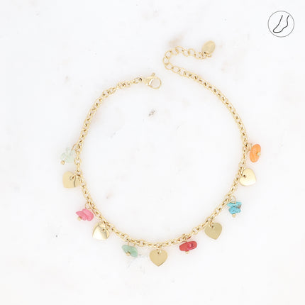 Bracelet de cheville - pampilles coeurs lisses et pierres naturelles