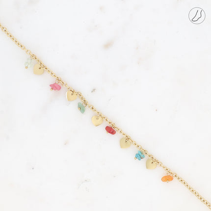 Bracelet de cheville - pampilles coeurs lisses et pierres naturelles