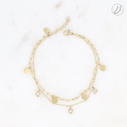 Bracelet de cheville Gemma - 2 rangs, chaînes avec cristaux et pampilles rondes plates