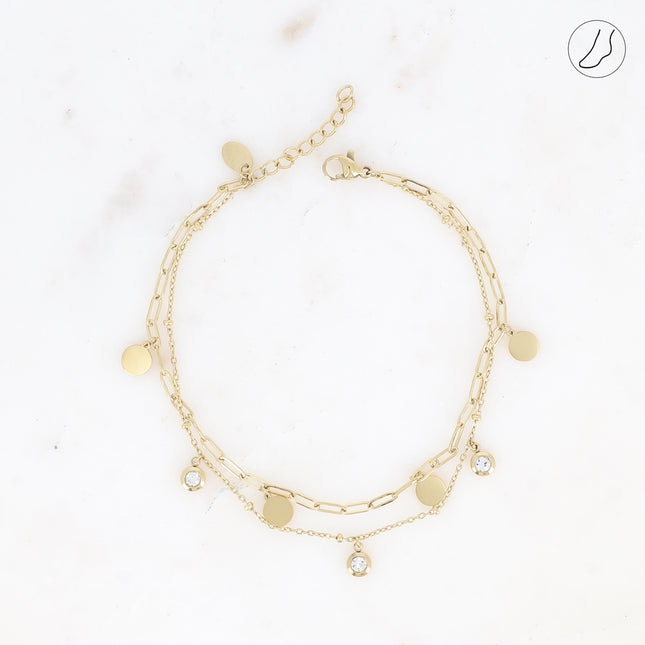 Bracelet de cheville Gemma - 2 rangs, chaînes avec cristaux et pampilles rondes plates
