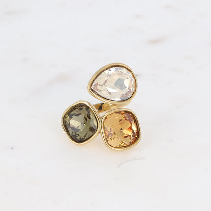 Bague Idrissa Cristal - 3 cristaux Swarovski®, goutte et carrés 10mm
