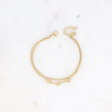 Multi-strand bracelet - 2 strands, mirror mesh with 3 hearts and curb chain