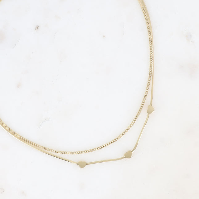 Multi-strand necklace - 2 strands, mirror mesh with 3 hearts and curb chain