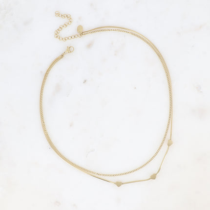 Collier multirangs - 2 rangs, maille miroir avec 3 coeurs et gourmette