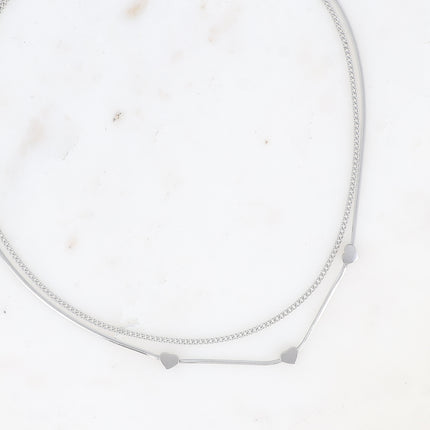 Collier multirangs - 2 rangs, maille miroir avec 3 coeurs et gourmette