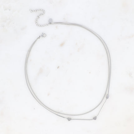 Collier multirangs - 2 rangs, maille miroir avec 3 coeurs et gourmette
