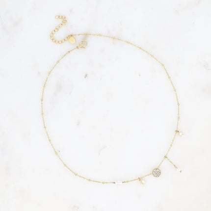 Collier - pampille ronde avec oxydes de zirconium, étoile et perles d'eau douce