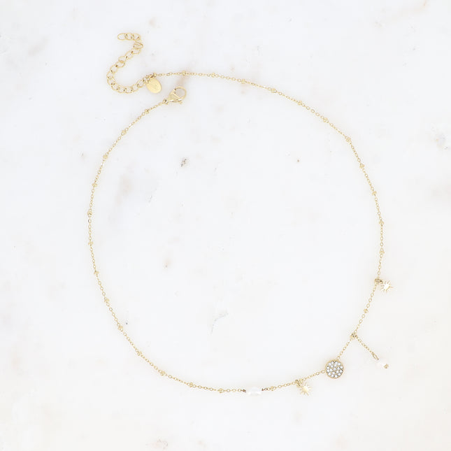 Collier - pampille ronde avec oxydes de zirconium, étoile et perles d'eau douce