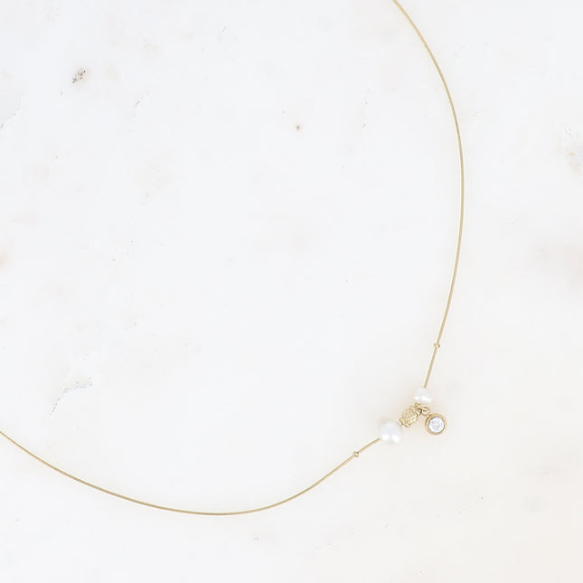 Collier - maille serpent fine, perles d'eau douce et cristal taillé