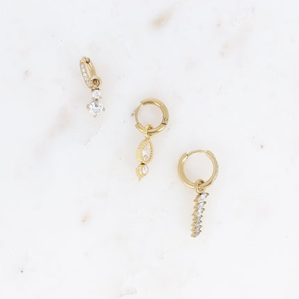 Set of 3 hoop earrings - in stainless steel with crystal (round, teardrop and wheat)