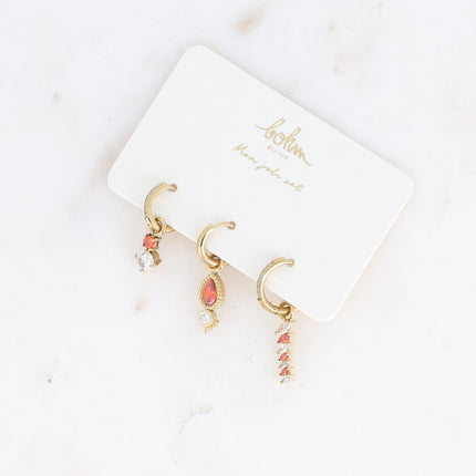 Set of 3 hoop earrings - in stainless steel with crystal (round, teardrop and wheat)