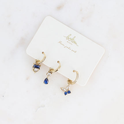 Set of 3 hoop earrings - in stainless steel with crystal (rectangle, teardrop and butterfly)