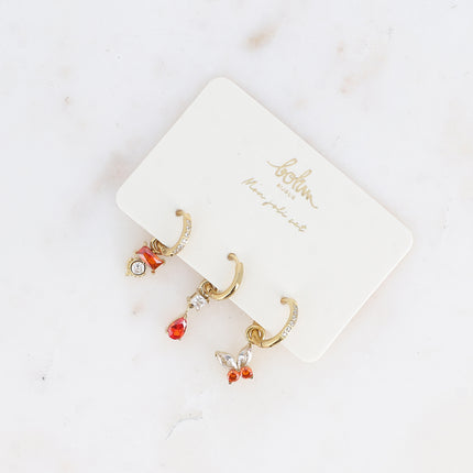 Set of 3 hoop earrings - in stainless steel with crystal (rectangle, teardrop and butterfly)