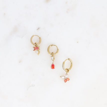 Set of 3 hoop earrings - in stainless steel with crystal (rectangle, teardrop and butterfly)
