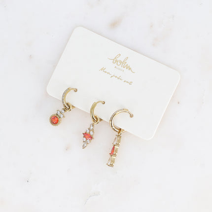 Set of 3 hoop earrings - in stainless steel with crystal (round, almond and teardrop)