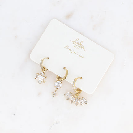 Set of 3 hoop earrings - in stainless steel with crystal (rectangle, clover and foliage)