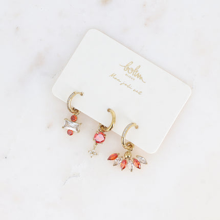 Set of 3 hoop earrings - in stainless steel with crystal (rectangle, clover and foliage)