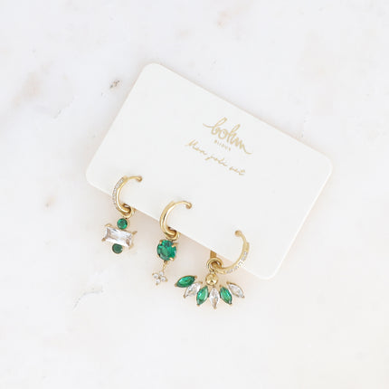 Set of 3 hoop earrings - in stainless steel with crystal (rectangle, clover and foliage)